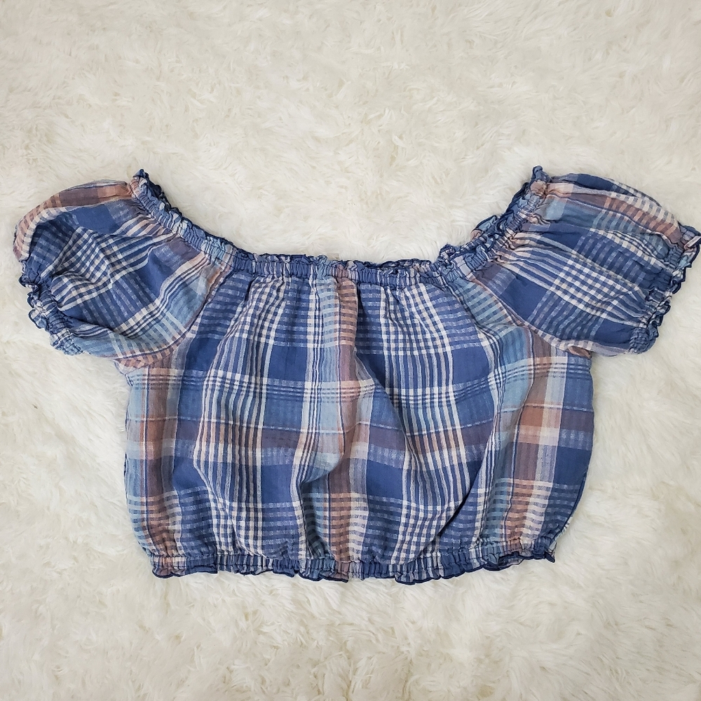 American Eagle Size M Blue Plaid Cotton Linen Blend Crop Top